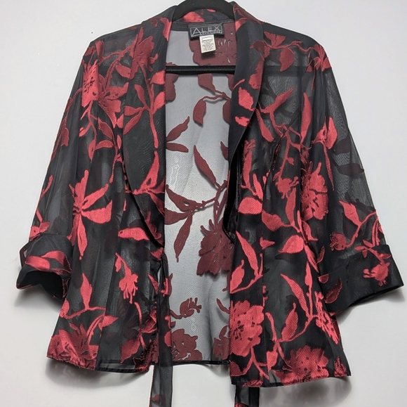 Alex Evenings Metallic Sheer Floral Red Black Burnout Chiffon Jacket & Cami Set - Picture 5 of 16